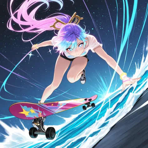 (masterpiece, best quality :1.2,Mirror Finish ), Girl running through a sea of stardust on a skateboard,solo,girl,anatomically correct,boyish,active and boyish girl,(Sparkle in her eyes),(Energetic and fun look) ,( she's skateboarding on waves of star star...