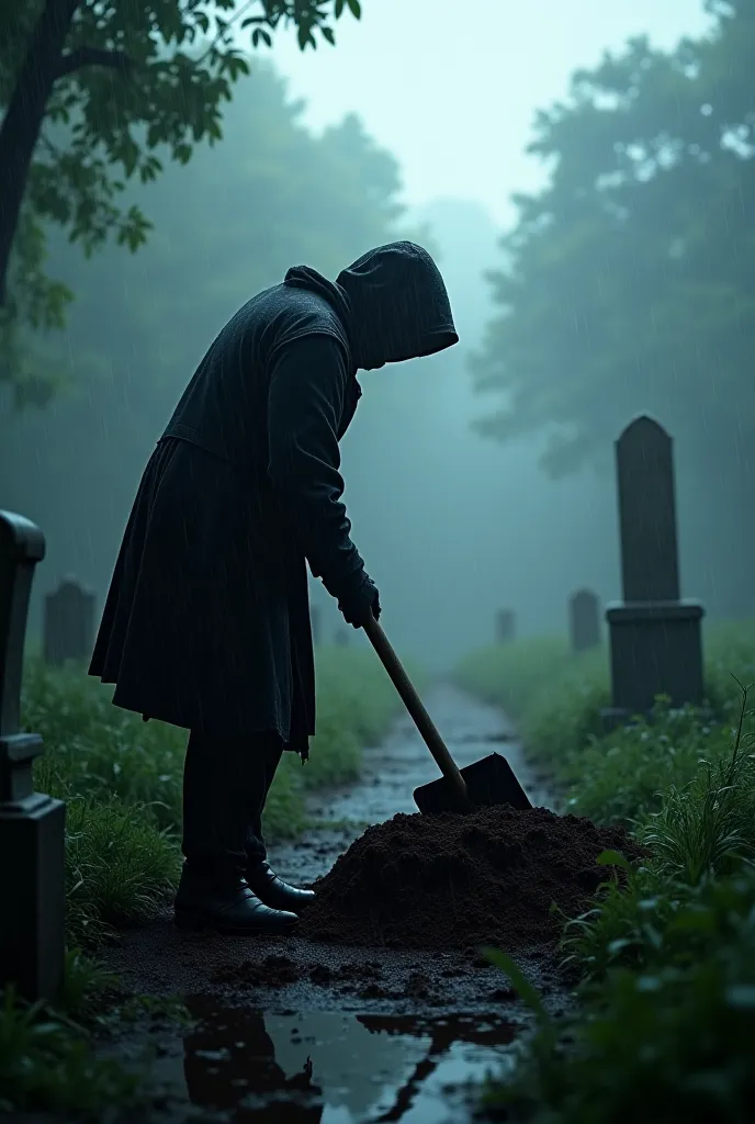 Rain, shovel, grave