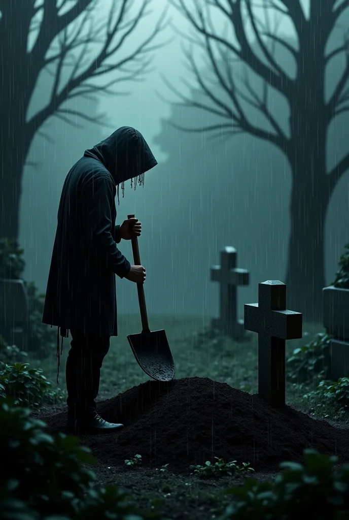 Rain, shovel, grave