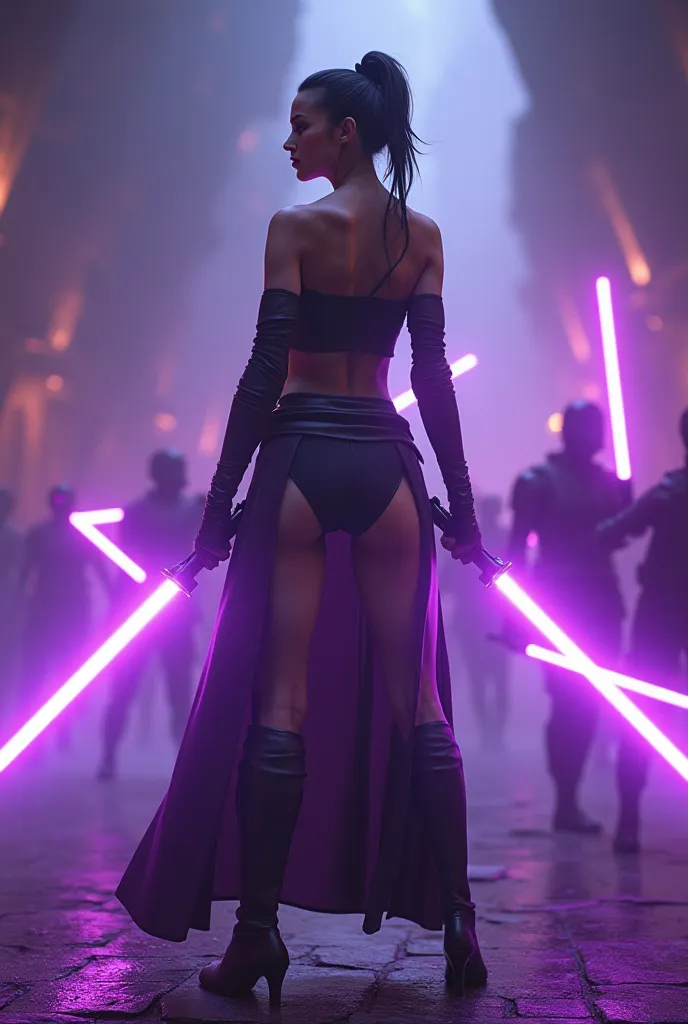 full body. Sexy Rei Skywalker wears sexy face to face fighting the Sith, You must wear violet light sabers, at night,aesthetically rounded hips wide angle,  rendered in octane ,  volumetric lighting ,  intricate details, ultra detailed, 3D image, resolutio...