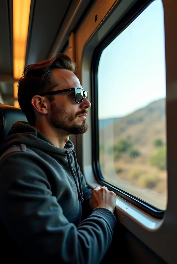 there is a man with sunglasses on looking out of a window, a picture by Mathias Kollros, reddit, op art, sat down in train aile, selfie photo, selfie!!!!! of a man, selfie of a man, man looks out of a train window, selfie, very very low quality picture, 8k...