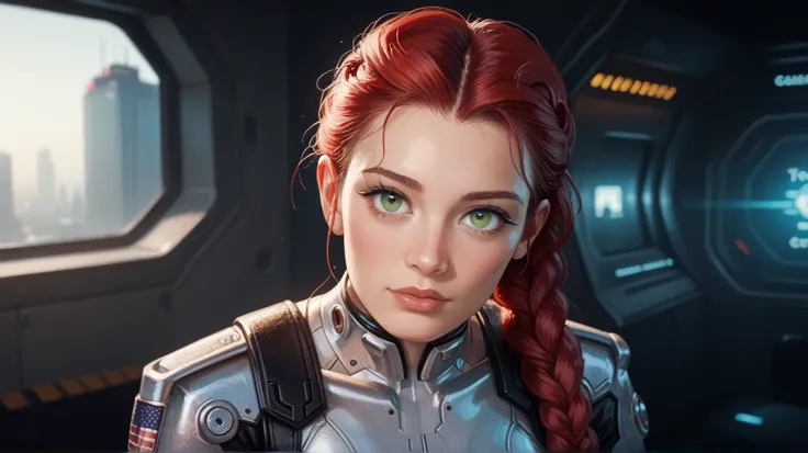  deep green eyes, red hair, girl sitting, sexy face,  shaved temples, braided hair,  big breasts, cross-legged, soldier latex gray uniform,  sci-fi style,