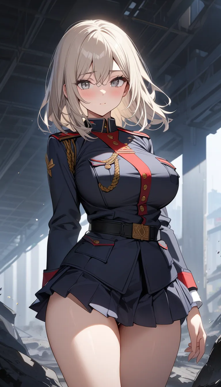 (masterpiece, Highest quality:1.2), (1girl) ,alone, ((medium hair)), (((platinum blonde hair))), (straight hair), ((gray eyes)), (big breast), high detail, bloom, (black militiary uniform), (pleated micro skirt), natural light, standing, blaze, cinders