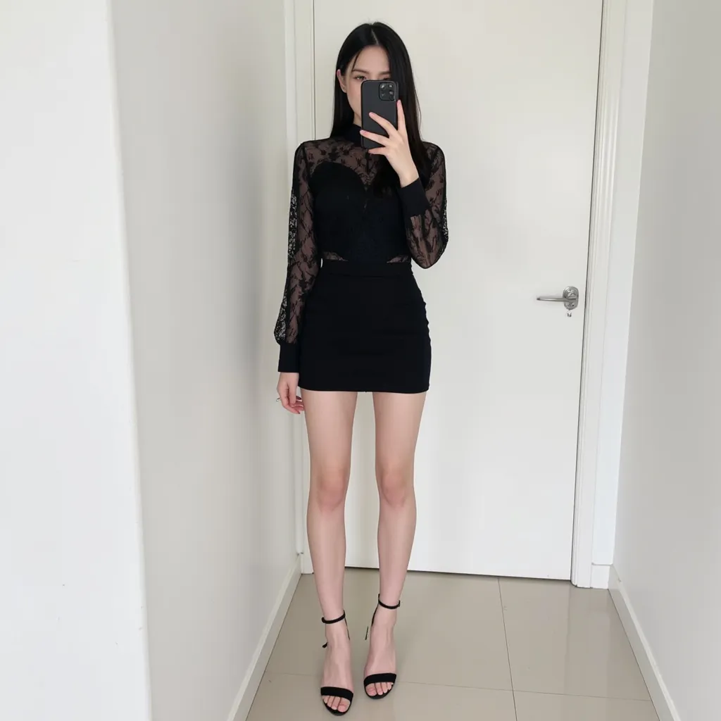 Selfie Italian woman with European features with straight black hair and has a long sleeve lace black blouse and Clara black mini skirt and sexy black high-heeled shoes like sandals white room 8k selfie realistic photography,Photo covering her face with a ...