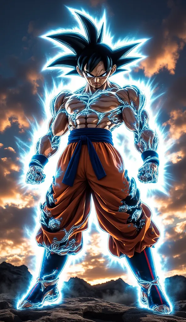 
  "Goku in a powerful posture,  with intense eyes , exuding a vibrant energy that illuminates his surroundings. The aura of power surrounding him is composed of a mix of blue and orange, symbolizing the use of his maximum force.  The sky in the background...