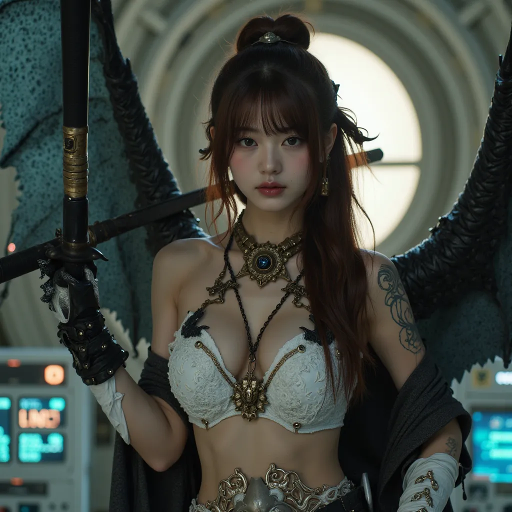 ((((looking at camera)))),(photorealistic, large-breast ),((white dragon:2.0)),a beautiful girl, ,she wearing side-tie_bikini, (large cleavage,Big tits), A fashion runway for alien technology ,Reveal full breasts,Big breasts, Cyberpunk fashion photography ...