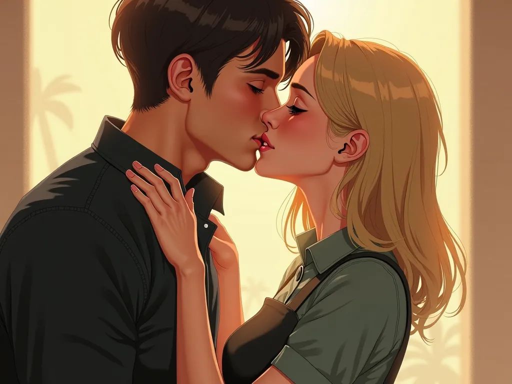 A heartwarming digital illustration of  a young couple passionately kissing. The man is 30 years old, tall, with a strong build, short dark brown hair, and soft moss-green eyes. He is wearing a stylish black shirt with the sleeves rolled up. The woman has ...