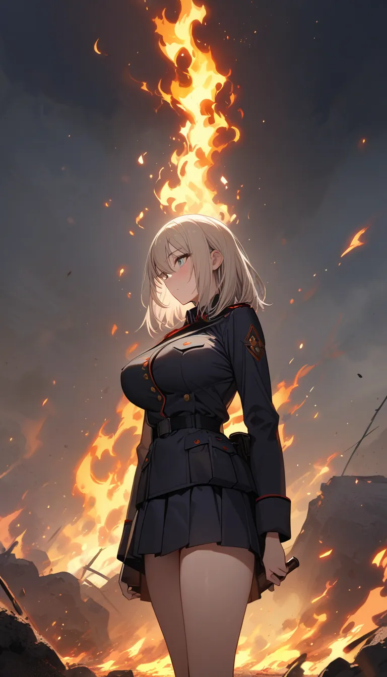 (masterpiece, Highest quality:1.2), (1girl) ,alone, ((medium hair)), (((platinum blonde hair))), (straight hair), ((gray eyes)), (big breast), high detail, bloom, (black militiary uniform), (pleated micro skirt), natural light, standing, fire, cinder, ash,...