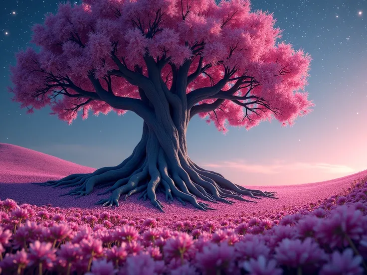 Treeless tree roots in an expanse of magical pink and purple flowers at night