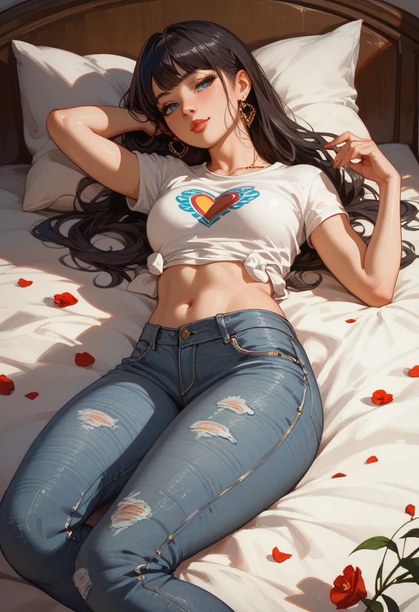 Beautiful young girl lying on bed wearing holed jeans spreading sexy legs 