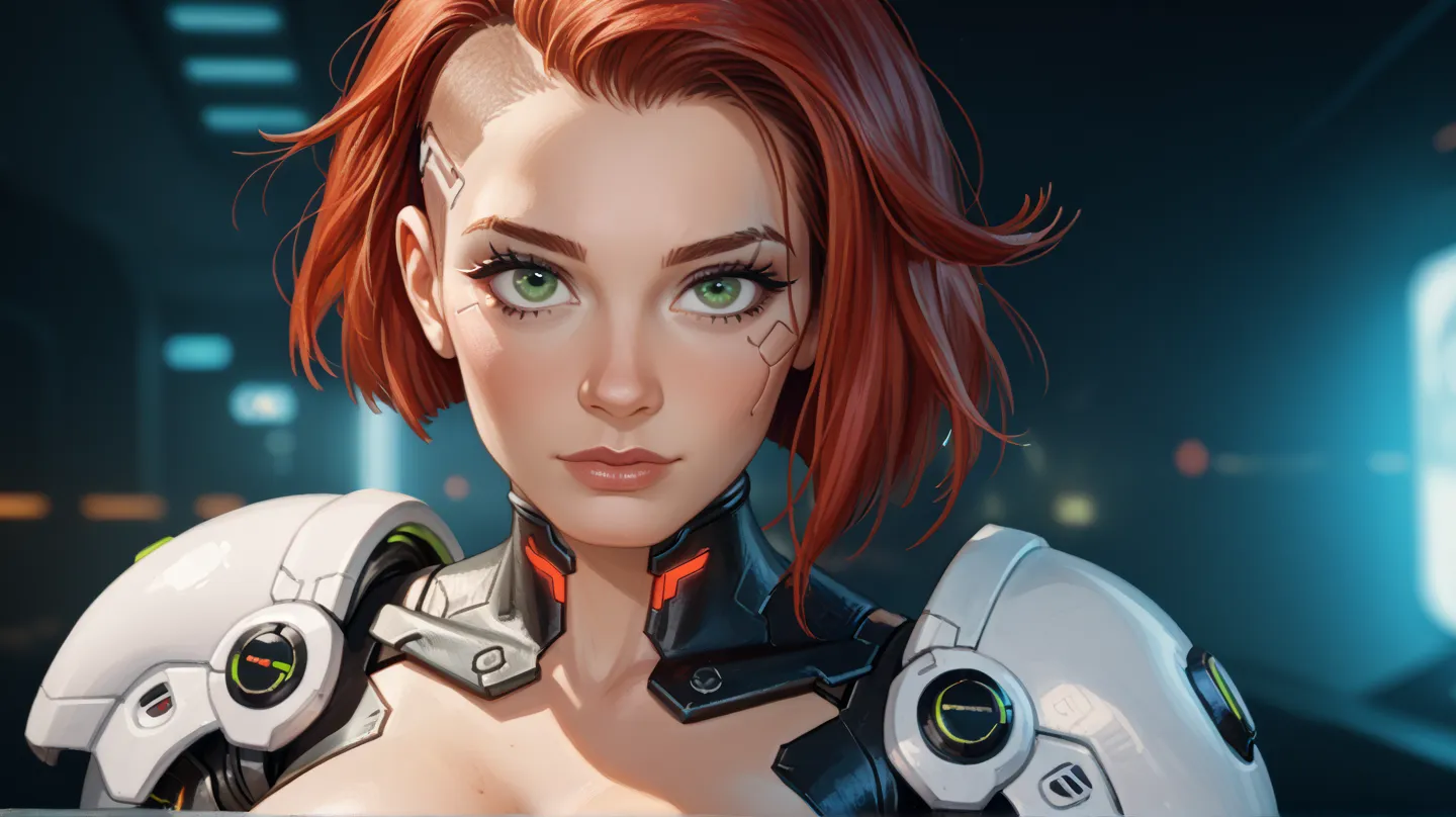  sci-fi style, deep green eyes, red hair, girl sitting, sexy face, cross-legged, shaved temples, short hair shaved temples,  big breasts, armor suit, 