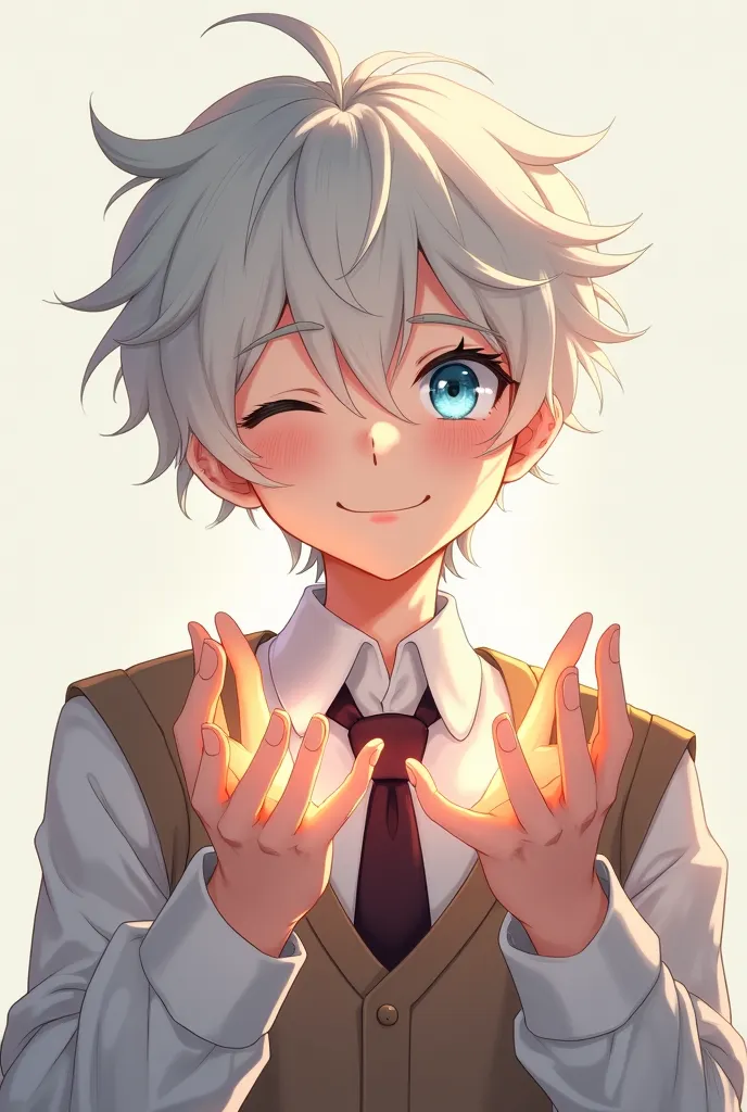  anime-type boy ,  pale skin , light blue eyes,messy white hair white eyelashes,with a long sleeve shirt dark brown tie and a vest over fabric type, light brown with white lenses with an expression winking at the screen with his hands facing the viewer shi...