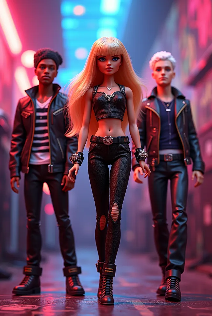 Barbie with blonde hair with straight bangs, Rocker outfit, a su lado un ken morocho que es DJ con un durag en la cabeza y del otro lado un Ken blanco con un ojo oscuro y el otro claro y un Rocker outfit
