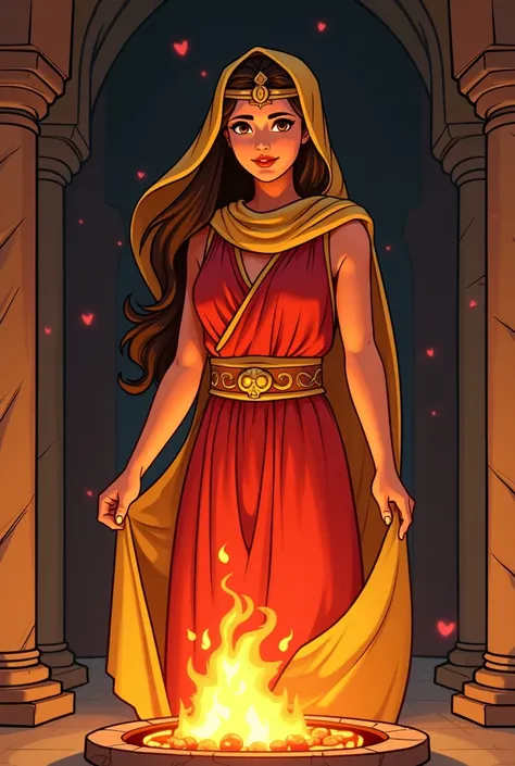 generate an image of Hestia the Goddess of the Hearth and Fireside (her clothing must be a Red, yellow, and orange. She must be wearing a tiara and her hair cover with a cloth). The background should be in a temple and make her looking in front and there's...