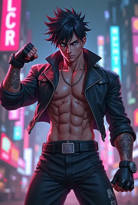 create a picture of a six-pack anime guy dressed up