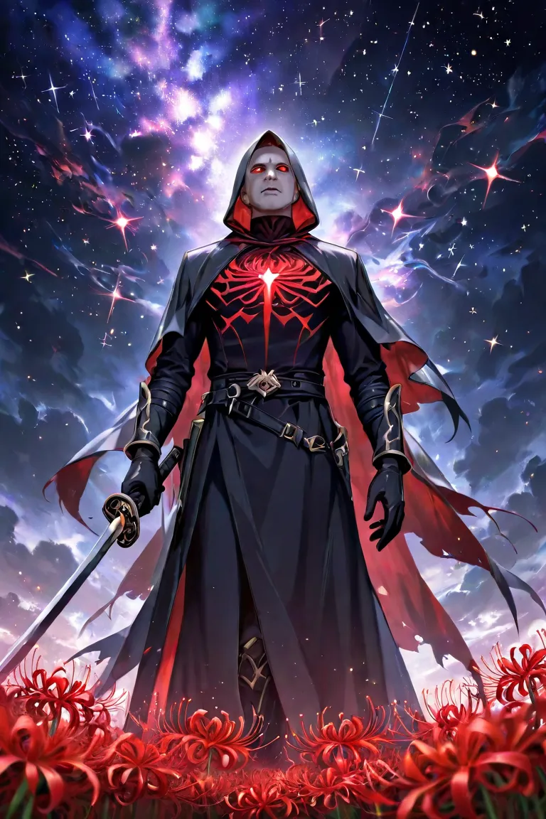 A guy stands with a sword and looks at the dark, purple , scary sky with lots of stars. And around it are red spider lilies. The atmosphere is rather scary and at the same time fascinating with its beauty and loneliness.