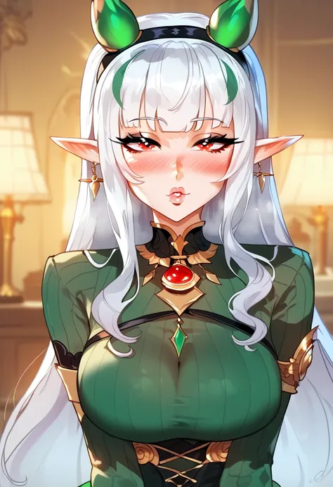 make a full-body elf woman, with facial features, large, red eyes with an intense shine, soft and neutral expression, slightly blushing cheeks,
with Long, straight, silver or white hair with a slight gradient. Bangs that cover part of the forehead and stra...