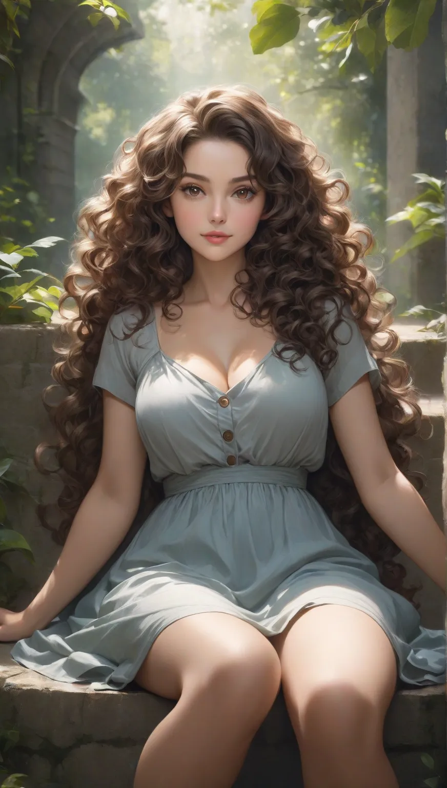 A brunette girl with curly hair and big breasts sits with her legs stretched out, taking a realistic photo