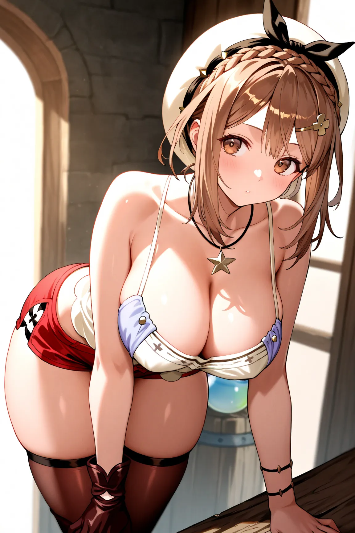 Reisalin_a, brown hair, short hair, braid, brown eyes, large breasts,
hair ornament, hairclip, hat, white headwear,
cleavage, bare shoulders, jewelry, shorts, thighhighs, short shorts, red shorts, necklace, thighs, gloves,