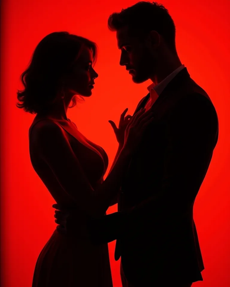 Black silhouette of a woman,  red background . In La Sulieta the woman has short straight hair, has curls and makes a sensual pose,  red dress. The silhouette must be black. Tall and strong man next to her, Seeing it from the front without touching each ot...