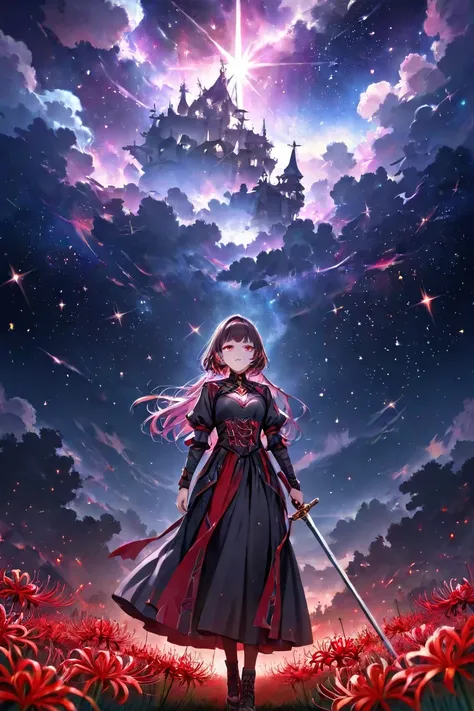 Lololoshka stands with her sword and looks at the dark, purple , scary sky with lots of stars. And around it are red spider lilies. The atmosphere is rather scary and at the same time fascinating with its beauty and loneliness.