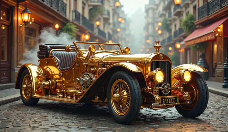 
5w
A luxurious steampunk car parked on a cobblestone street, featuring a polished brass body with intricate gear decorations and leather-trimmed interiors visible through the windows. The car’s wheels have metallic spokes with rotating gears, and steam-po...