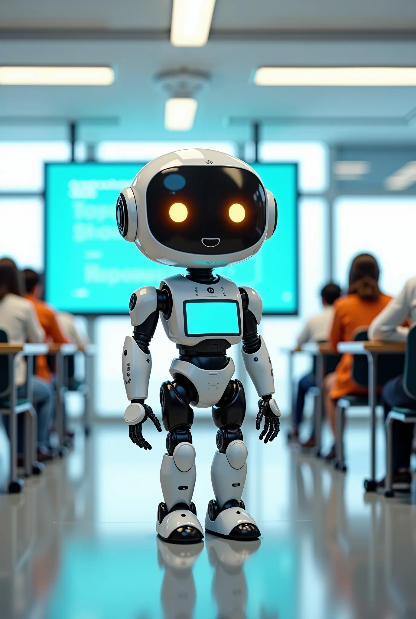 A cute robot with an LCD screen for a face and a teacher outfit. Scenery of a bright and clean futuristic college classroom in the background