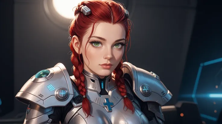  sci-fi style, deep green eyes, red hair, girl sitting, sexy face, cross-legged, shaved temples, braided hair shaved temples,  big breasts, armor suit, 