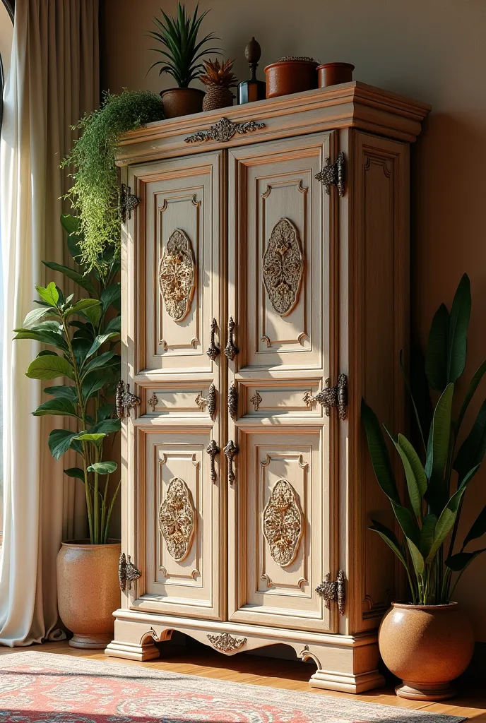 A 3-meter-high and 2.5-meter-wide entrance cabinet in a boho chic style