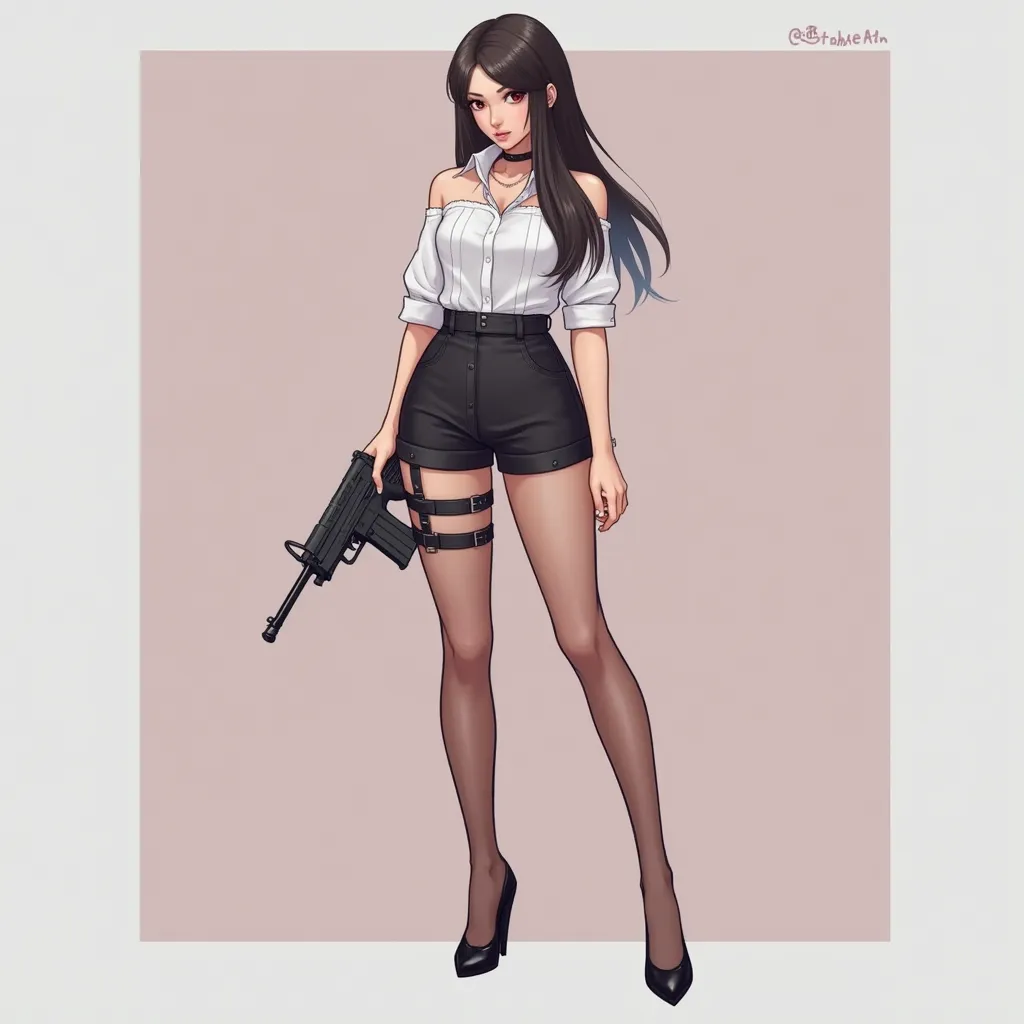  sexy、full body、 business shirt 、heel、 harness belt、simple background、shorts、garter belt、asymmetrical stockings、Hold a gun in style、cool、 high waist、MINI-CHARACTERS、deformed、2 heads、Simplify、 half tail、long hair、tube top、outer