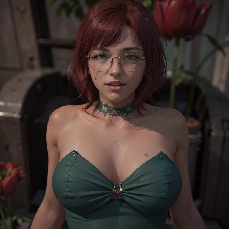 (close-up:1.6), (Upper body:1.6). Short, (red hair:1.6), (green eyes:1.6), (metal frame diopter glasses:1.3), (blue green strapless dress:1.6), smiling 15-year-old girl in a garden among tulips. (Lots of tulips :1.3). ( Masterpiece , top quality shirt, bes...