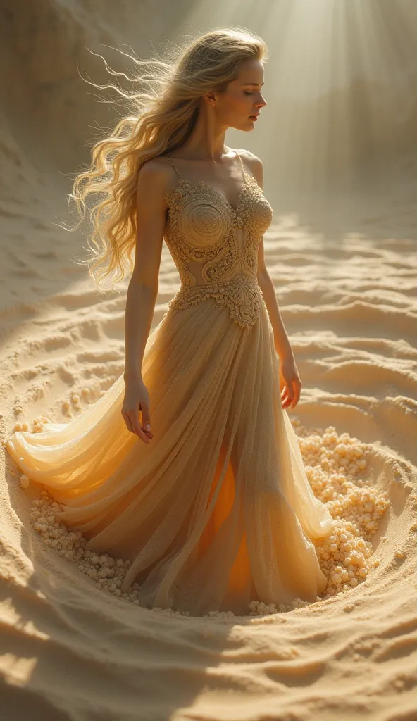 hyperrealistic epic picture a beautiful sand woman created out of sand rises up out of a twirl of mystic magic sand,  background mytsic magic atmossphere with luminisence effects