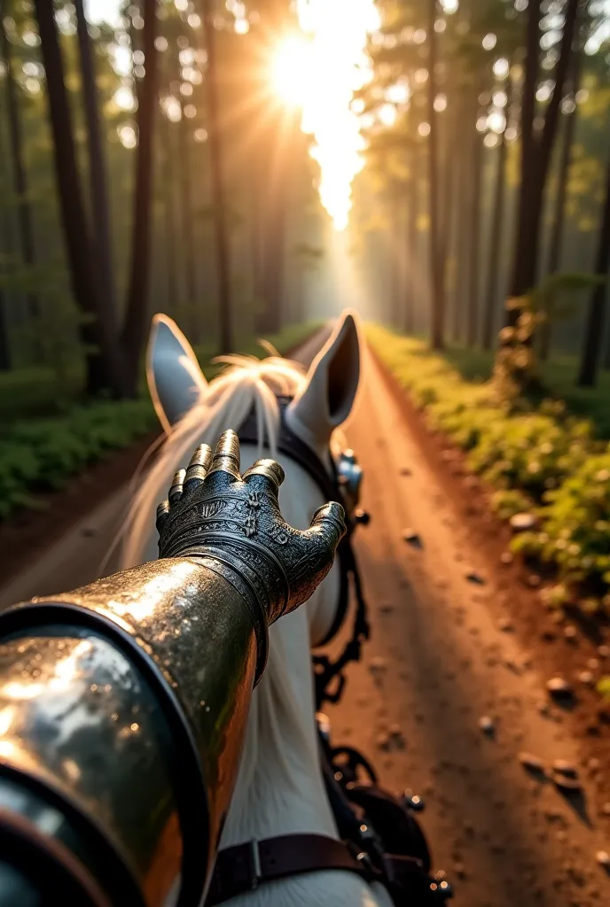 Here is a detailed prompt for generating an ultra-realistic 8K POV image based on the provided image:  

**Prompt:**  
"A knight riding a majestic white horse through a sunlit forest path, seen from a first-person perspective (POV). The knight's armored ha...