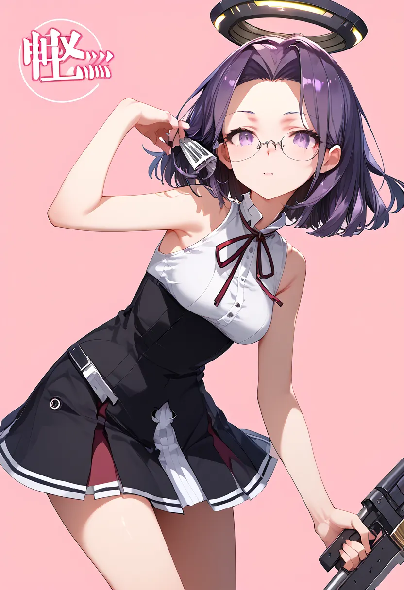 Ryuda Muji, tatsutakaini (kantai collection),  score_9,  score_8_up,  score_7_up,  score_6_up,  source_anime, masterpiece, best quality,  official art, official style,  game cg, glasses magazine, rating_safe, rating_questionable,  purple hair,  halo,  shor...