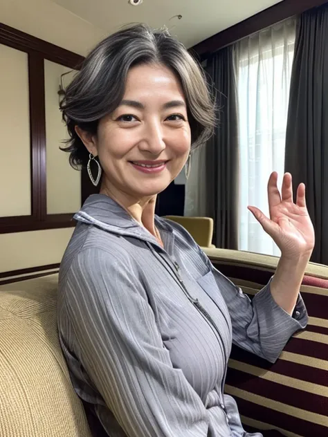 From_Front 。50 years old、Gray-haired mom、Mature Woman、Japanese、large earrings、dark hair mixed with beautiful silver hair、medium hair、Waving Hair、realistic beautiful mature mother、sexy smile、luxury hotel guest room、sits on the sofa and stares at me。(age-app...