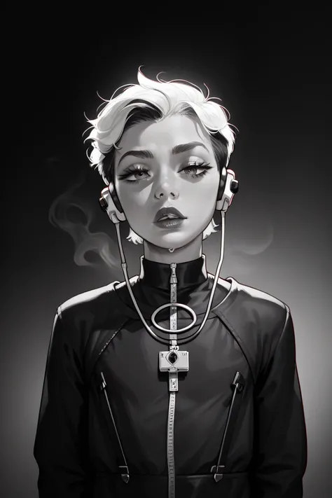 A young black and white hair wearing black clothes and a ring that is forbidden and puts earphones 