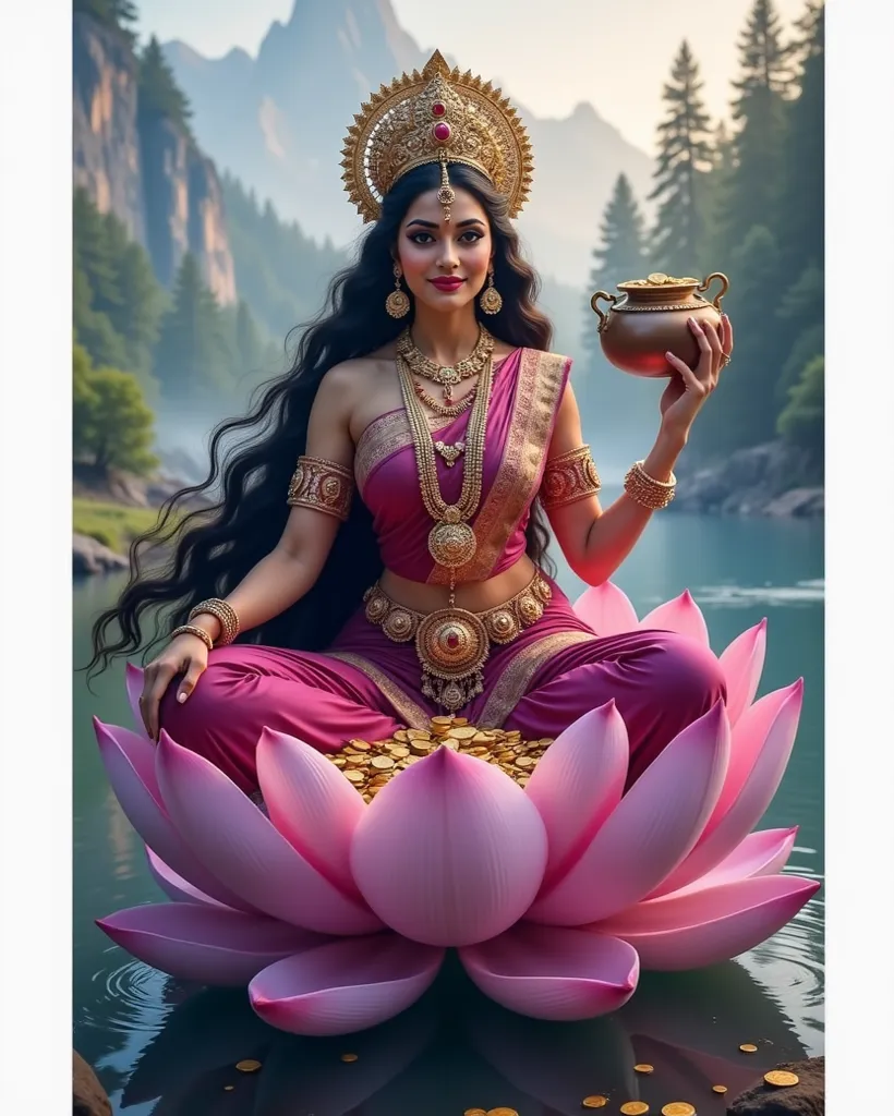 "Create an image of the extremely beautiful Goddess Dhana Lakshmi, with stunning facial features, radiant skin, and long, flowing wavy hair. Her body is tall, slim, and graceful like a fashion model. She is dressed in a traditional (deep hot pink saree) wi...