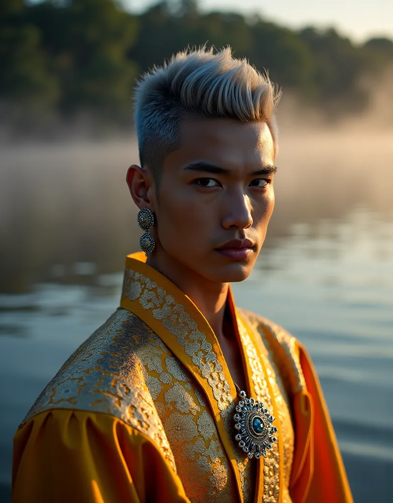 A high-fashion editorial shot featuring a gorgeous 20-year-old mixed-race male model of Lanna ethnicity, with an athletic yet slender physique. His silver-gray hair is styled in an undercut, perfectly complementing his smooth skin and sharp facial features...