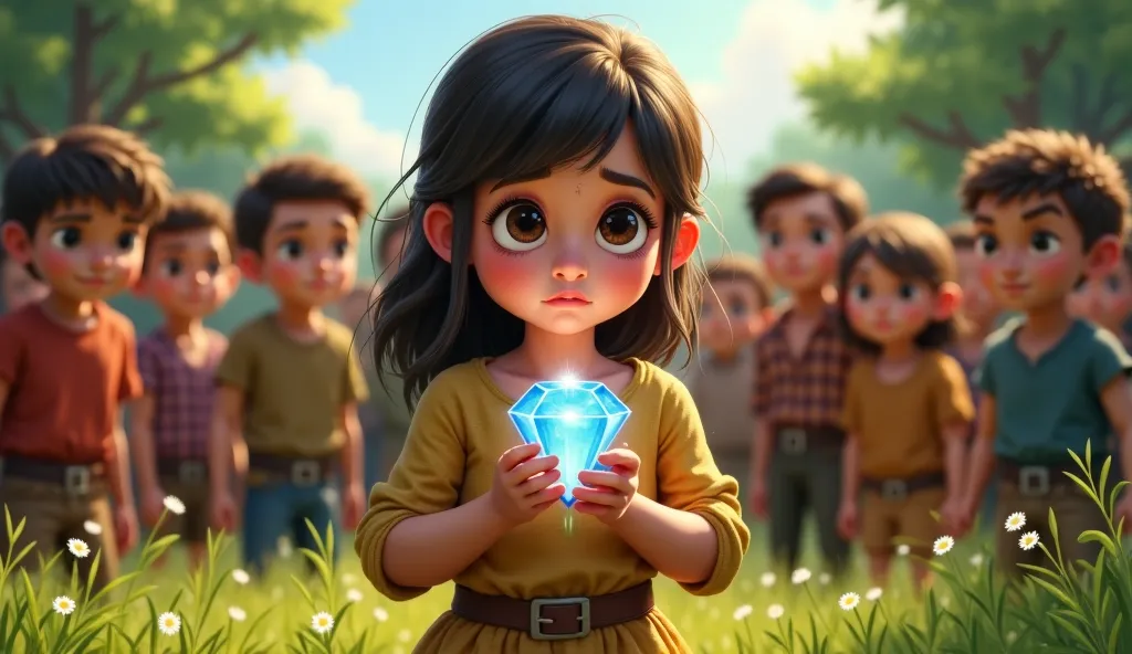 a young girl hold the diamond stone in her hands, while some villagers gathered around her back the girl looks worried in the village background with trees and grass