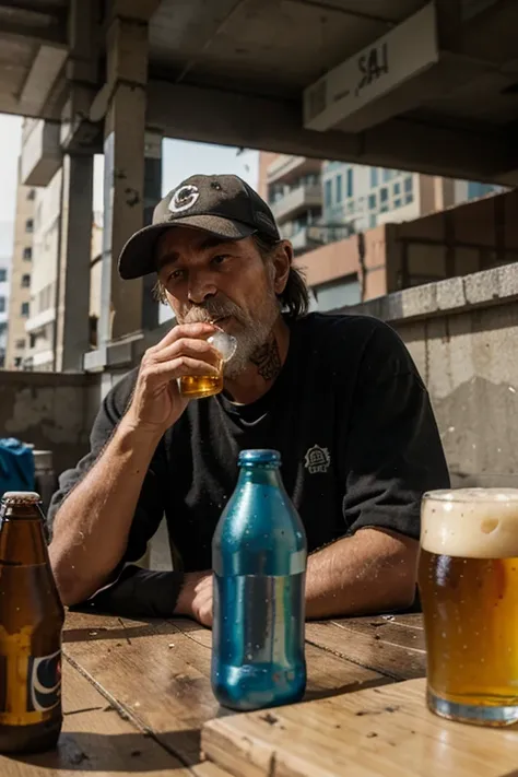 A homeless man drinking in a trashy building with a beer bottle in his hand