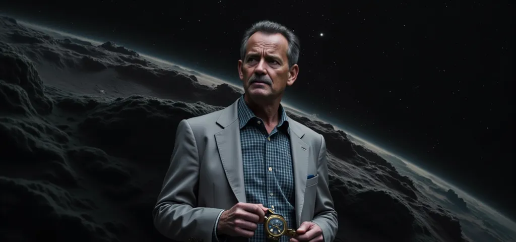 Forrest Gump Tom Hanks ,   Full body, dressed in his typical light gray costume from the movie and blue checkered shirt of different shades,  with a classic hand watch, in antique gold, floating in space taking a trip back in time, Photorealistic, 8K.