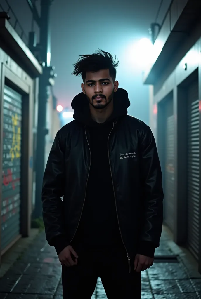 A young man with funky black hair, wearing a black hoodie with the hood up and a black leather jacket, stands in a foggy urban alley at night. He has a confident and intense expression as he looks directly into the camera. The walls around him are covered ...