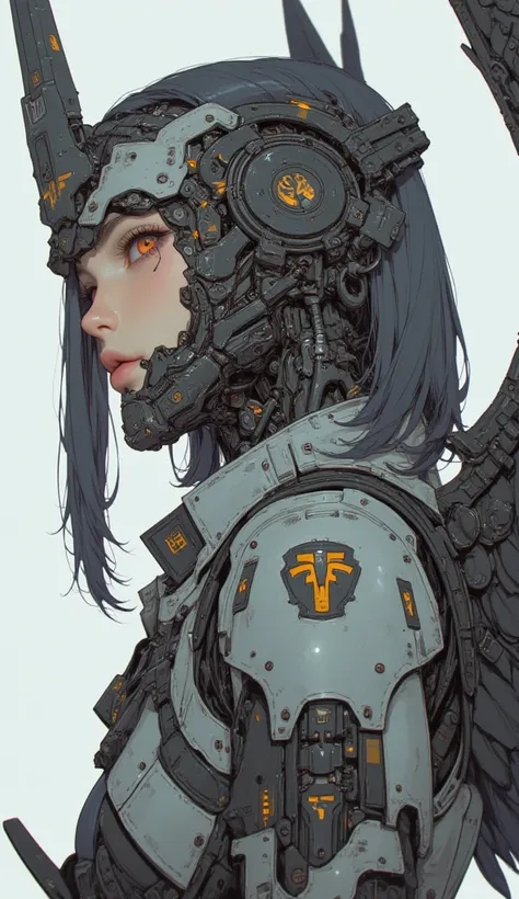  Female model with large wings 、Close-up view of a ,    girl, female lock, Girl in cybernetic armor Mecha ,  Aoshima Chiho color scheme  ,  Angular Winged Armor  , sharp details,   Mecha action figure  ,  by maciej kuciara ,  There is a house made of sushi...