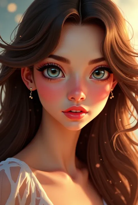 Güera woman brown hair light eyes semi-realistic animation 