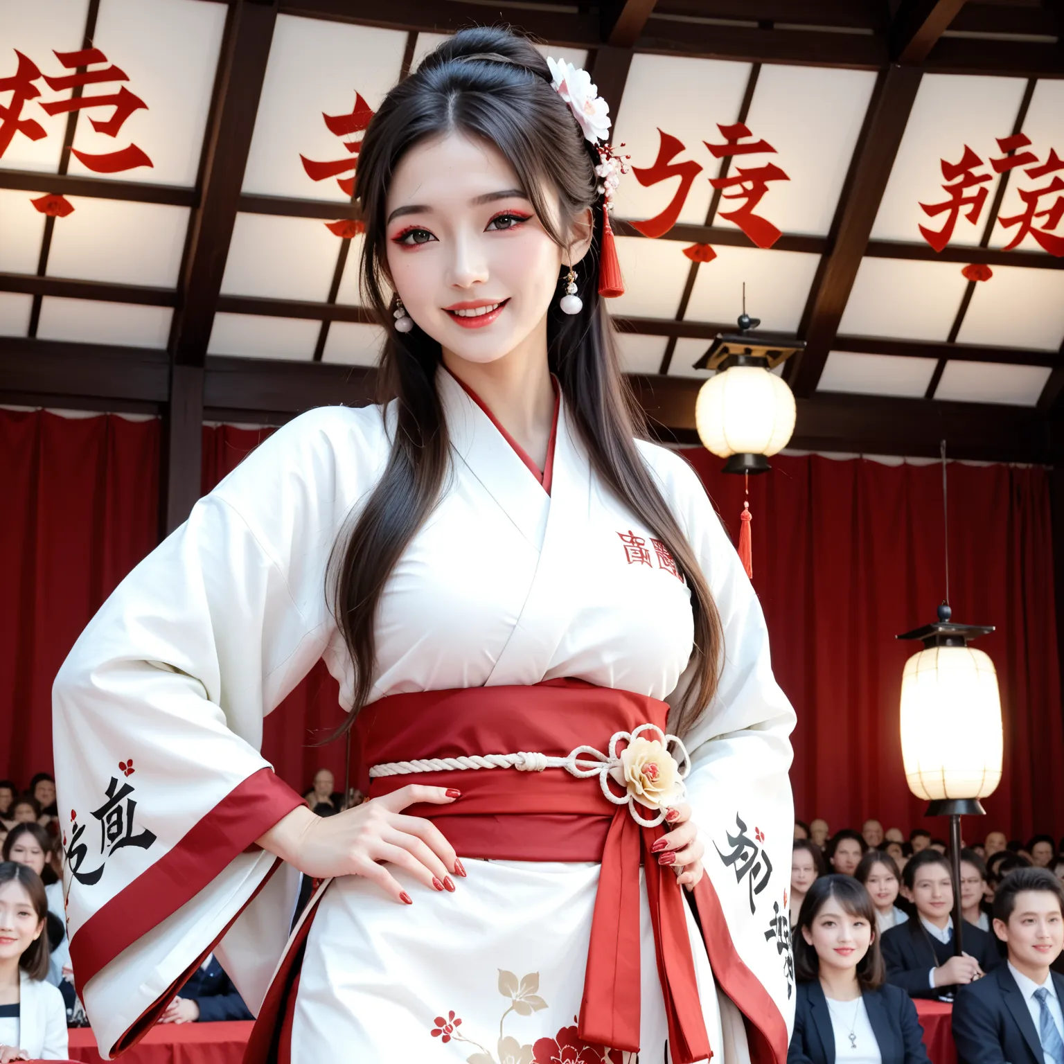 Woman writing letters with a large brush on a large board in a calligraphy performance、Makeup,gorgeous, Traditional Outfit ,On stage,In front of an audience,Intensive Expressions,Expertise,Hi-Res,4K,HDR,Superb texture,STUDIO LIGHTING,realistic,Delicate bru...