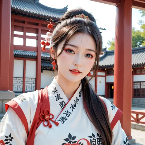 Woman writing letters with a large brush on a large board in a calligraphy performance、Makeup,gorgeous, Traditional Outfit ,On stage,In front of an audience,Intensive Expressions,Expertise,Hi-Res,4K,HDR,Superb texture,STUDIO LIGHTING,realistic,Delicate bru...