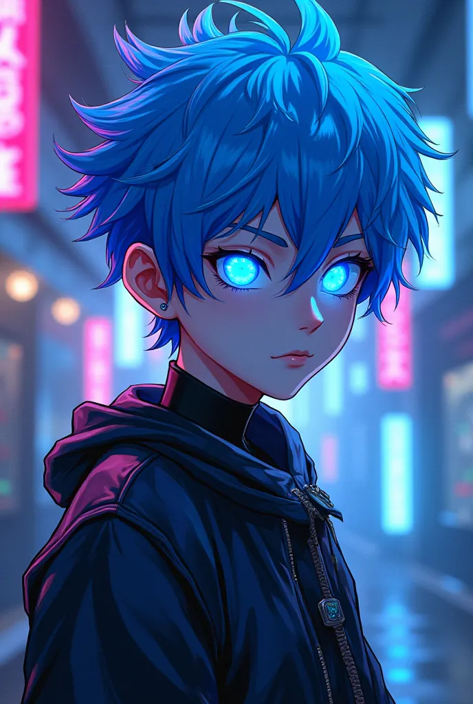 Create an image of a manga boy with neon blue eyes with dark blue neon hair with black and blue clothes 