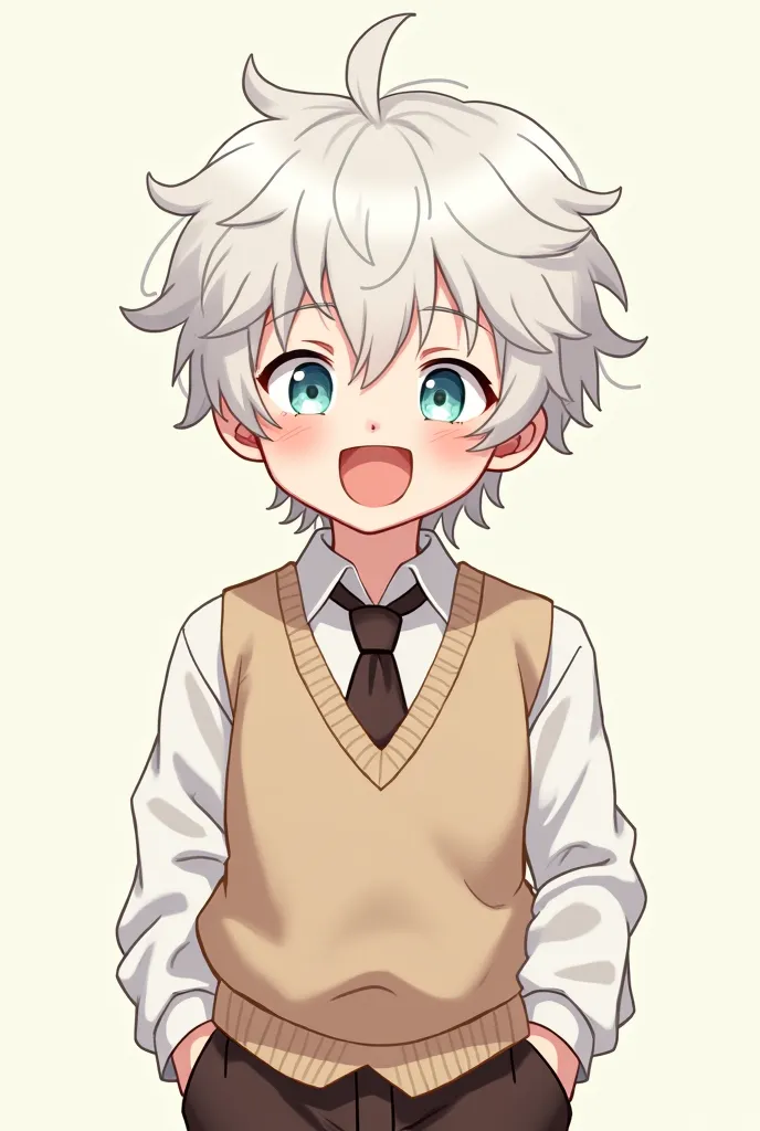  anime-type boy ,pale skin light blue eyes, messy white hair with a long-sleeved shirt dark brown tie over a light brown vest, happy laughing 