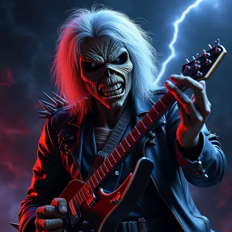  , Eddie with long grey messy and matted hair in dynamic zombie pose ((wearing a black leather jacket with heavy metal spikes)), raiva, (((playing guitar))), Estilo Iron Maiden, Eddie do Iron Maiden. foto crua de alta qualidade, excellent composition (cine...