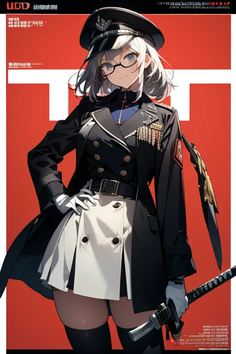 (from below:1.2, best quality ), girl , Platinumbrown color hair military uniform , The dreamer wants purplish blue eyes ,(small breasts:1.0), Lori will do it, (masterpiece:1.2, best quality ), (Beautiful detailed depiction : 1.2), ( beautiful detailed fac...